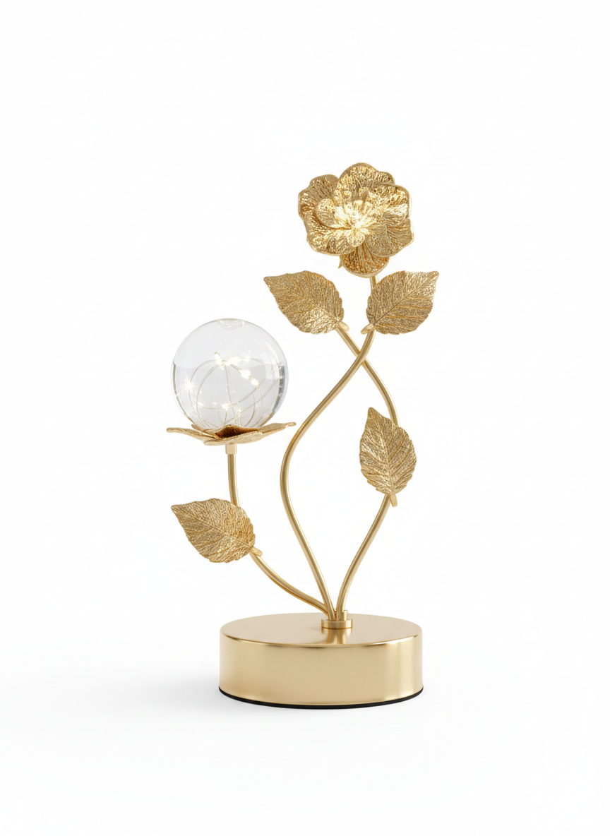 Golden metal leaf sculpture tabletop ornament features a crystal ball.