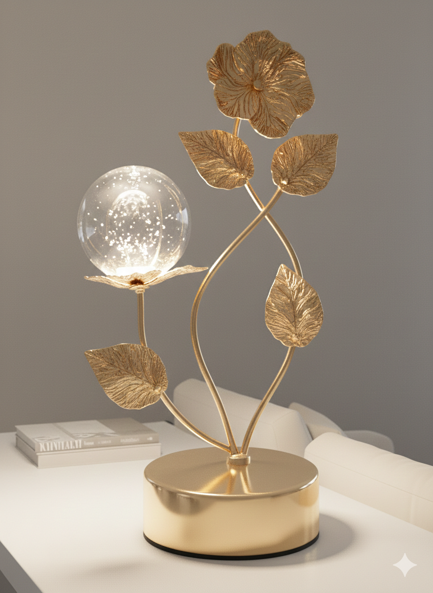 Golden metal leaf sculpture tabletop ornament features a crystal ball.